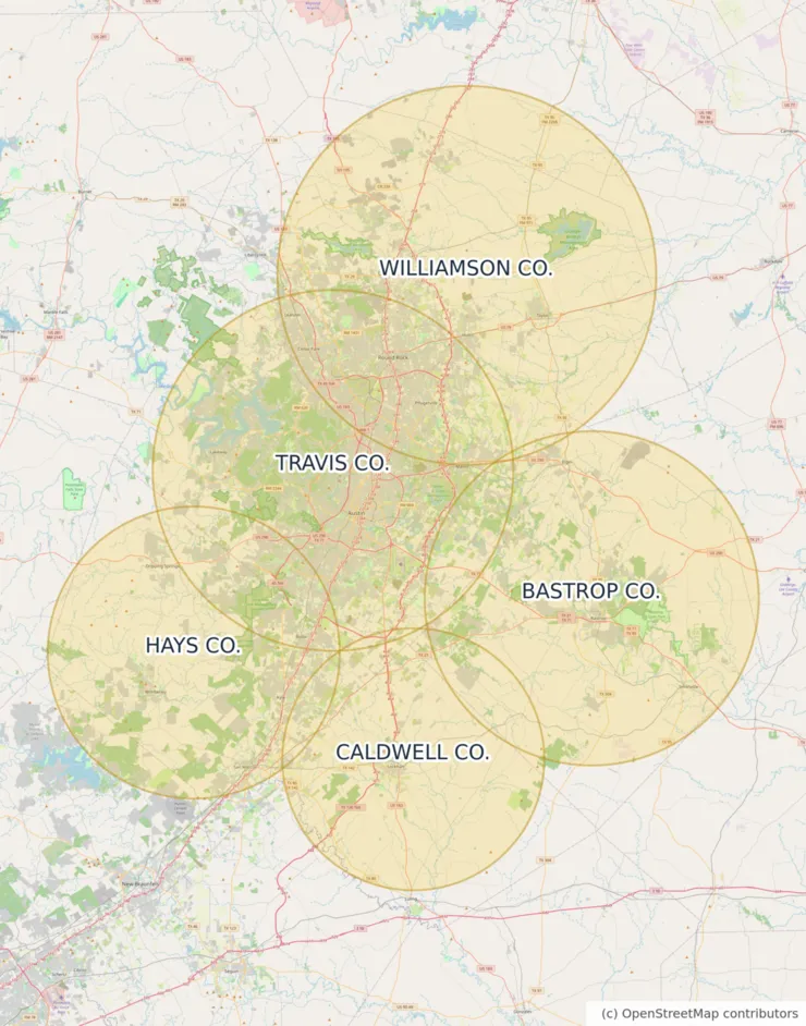 Map of the approximate Moore Clean coverage area around Austin, Texas, covering Travis, Williamson, Hays, Bastrop and Caldwell counties, including San Marcos, Bastrop, Lockhart, Leander, Taylor, Elgin and Manor