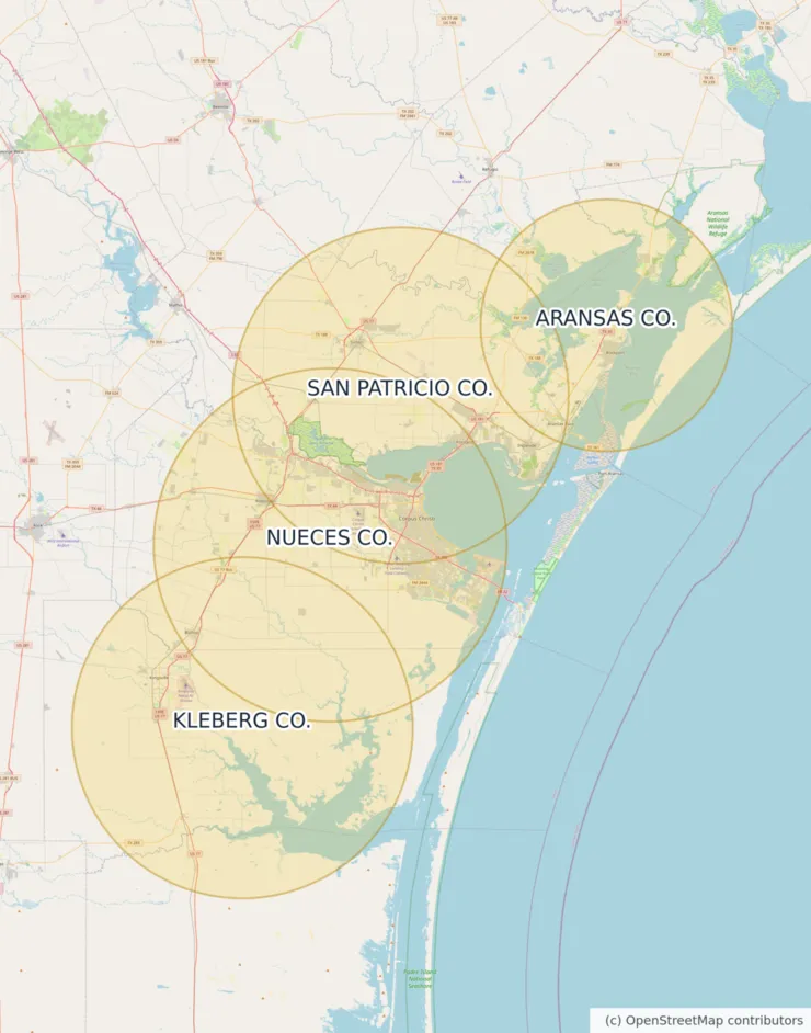 Map of the approximate Moore Clean coverage area around Corpus Christi, Texas, covering Nueces, San Patricio, Aransas and Kleberg counties, including Portland, Robstown, Kingsville, Rockport, Aransas Pass, Ingleside and Sinton