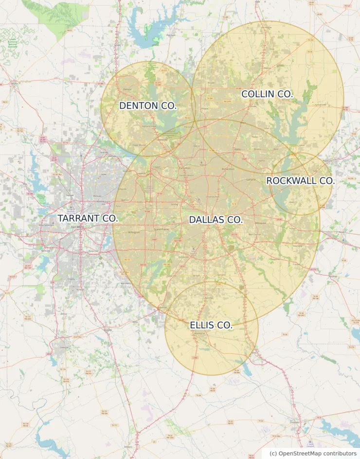 Map of the approximate Moore Clean coverage area around Dallas, Texas, covering Dallas, Tarrant, Collin, Denton, Rockwall and Ellis counties, including Fort Worth, Denton, Lewisville, Grand Prairie, Allen, Grapevine and Cedar Hill