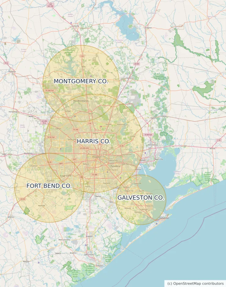 Map of the approximate Moore Clean coverage area around Houston, Texas, covering Harris, Fort Bend, Montgomery and Galveston counties, including Pasadena, Baytown, League City, Missouri City, Conroe, Humble and Tomball