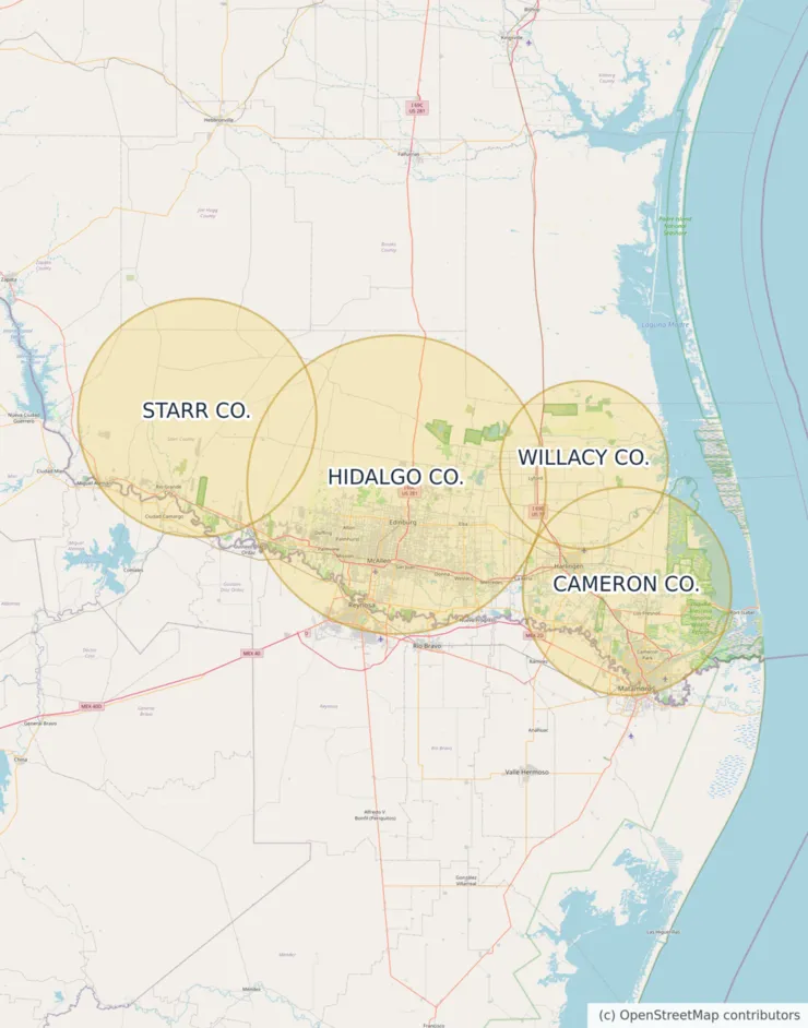 Map of the approximate Moore Clean coverage area around McAllen, Texas, covering Hidalgo, Cameron, Willacy and Starr counties, including Edinburg, Mission, Pharr, Harlingen, Brownsville, San Benito and Raymondville