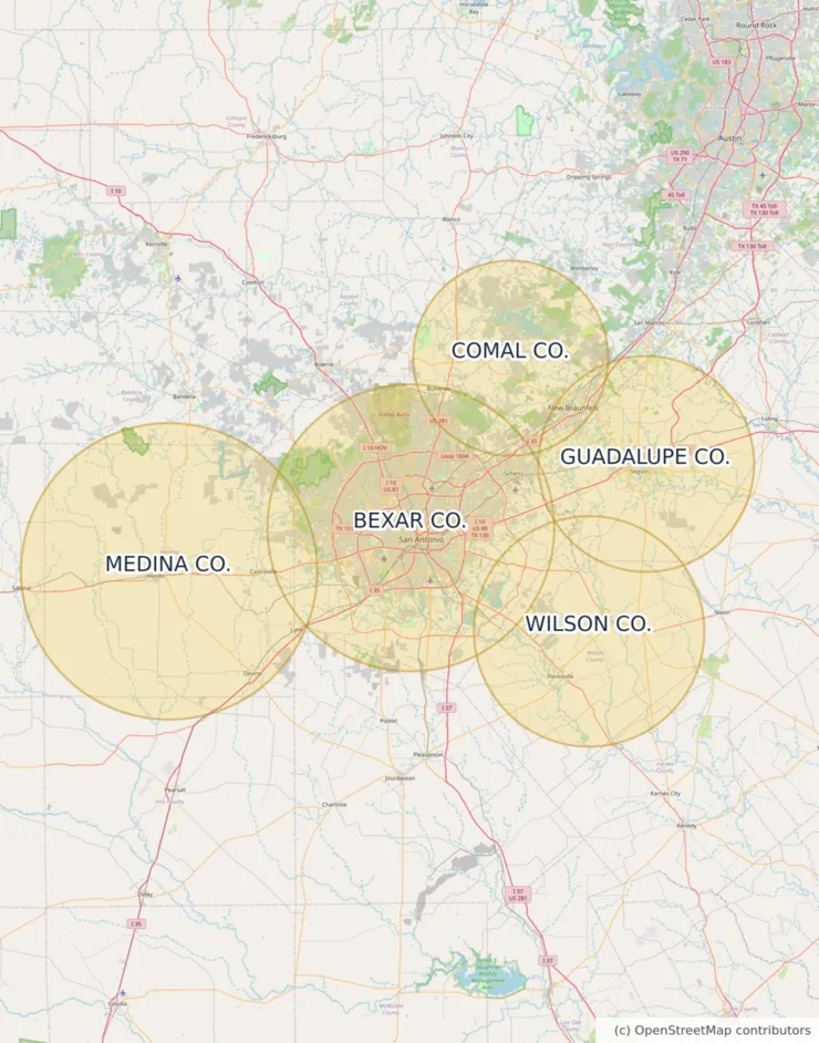 Map of the approximate Moore Clean coverage area around San Antonio, Texas, covering Bexar, Comal, Guadalupe, Medina and Wilson counties, including Seguin, Universal City, Live Oak, Cibolo, Castroville, Floresville and Hondo