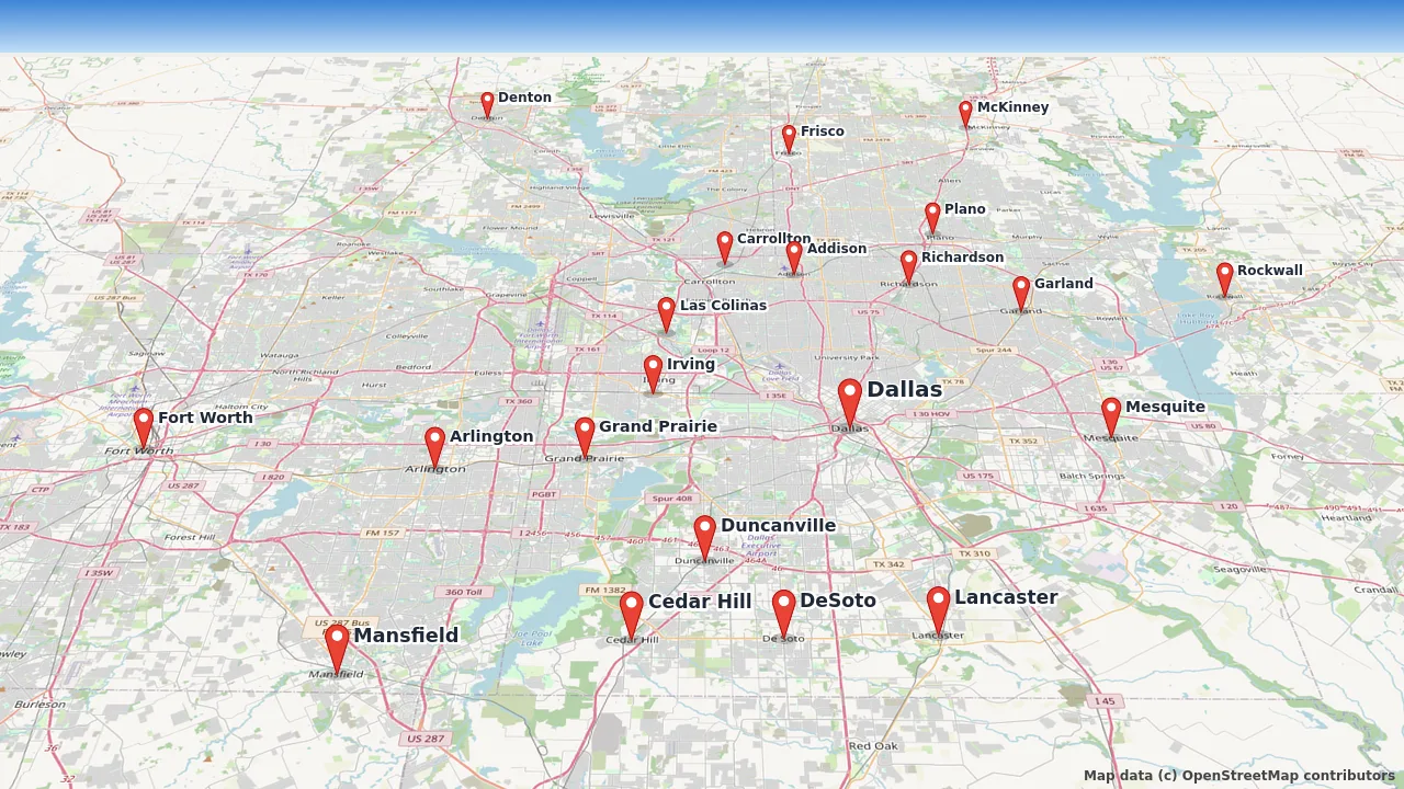 Map of the Moore Clean service area across Dallas and the North Texas region, from Fort Worth and Denton to Rockwall and Mansfield