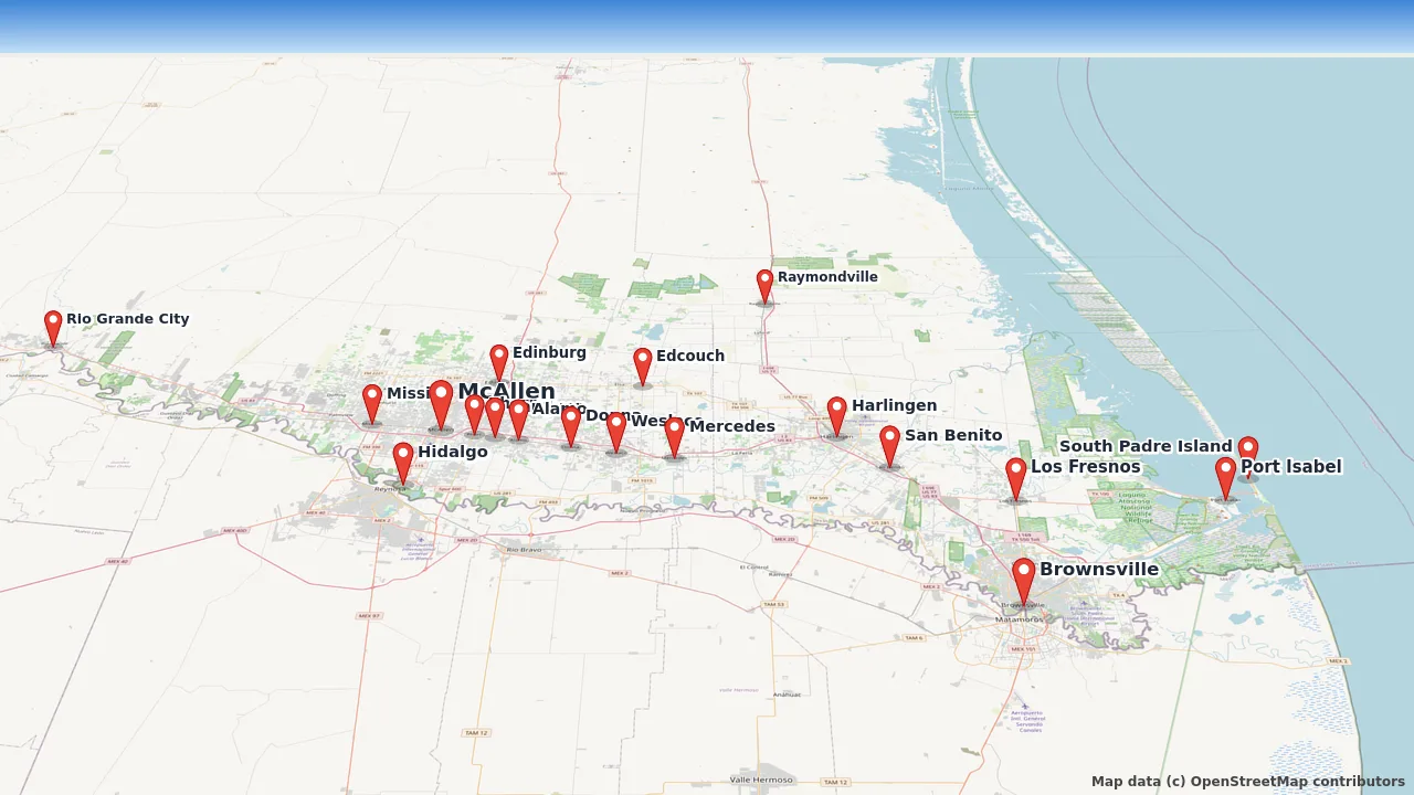 Map of the Moore Clean service area across the Rio Grande Valley, from Rio Grande City and Mission to McAllen, Edinburg, Harlingen and Brownsville