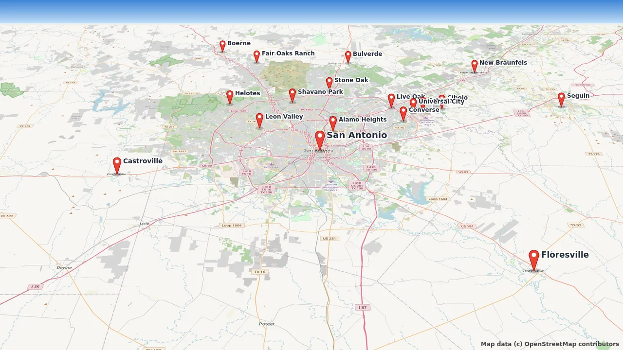 Map of the Moore Clean service area across San Antonio and the South Texas region, from Boerne and New Braunfels to Castroville, Seguin and Floresville