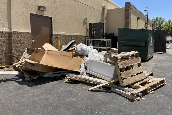 Debris hauled off from a restaurant alley behind a retail center