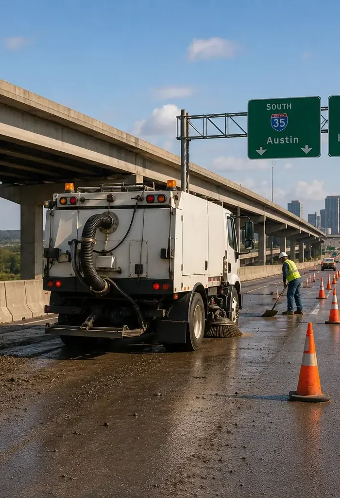 Moore Clean street sweeper working an I-35 highway work zone in Austin