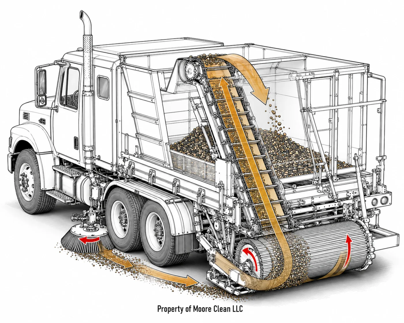 Cutaway schematic of a mechanical broom sweeper showing the gutter broom, main broom, and elevator conveyor carrying debris up into the hopper