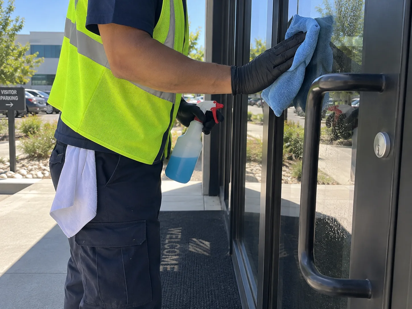 Day porter wiping fingerprints from the glass entry door of a commercial building