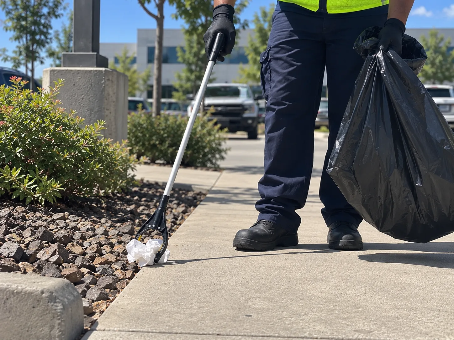 Day porter picking up litter with a grabber along the sidewalk of a commercial property