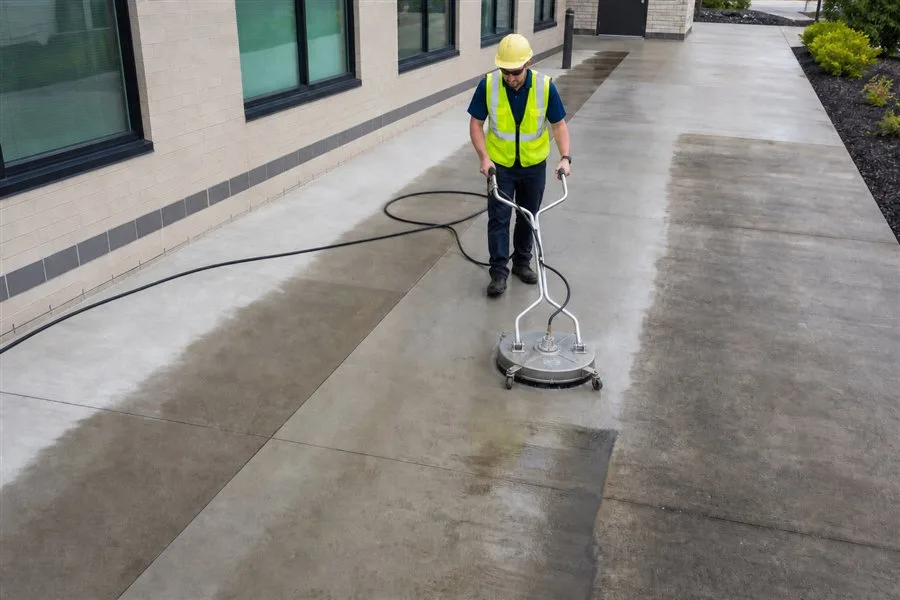 Technician removing oil stains and grime from a medical campus walkway with a flat surface cleaner