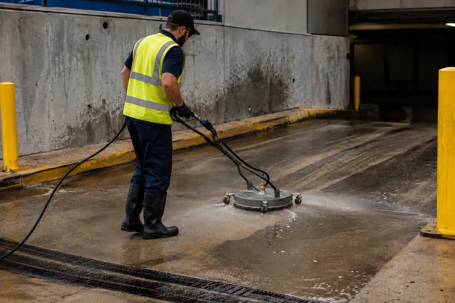 Rotary surface cleaner lifting oil stains at a commercial parking garage entrance