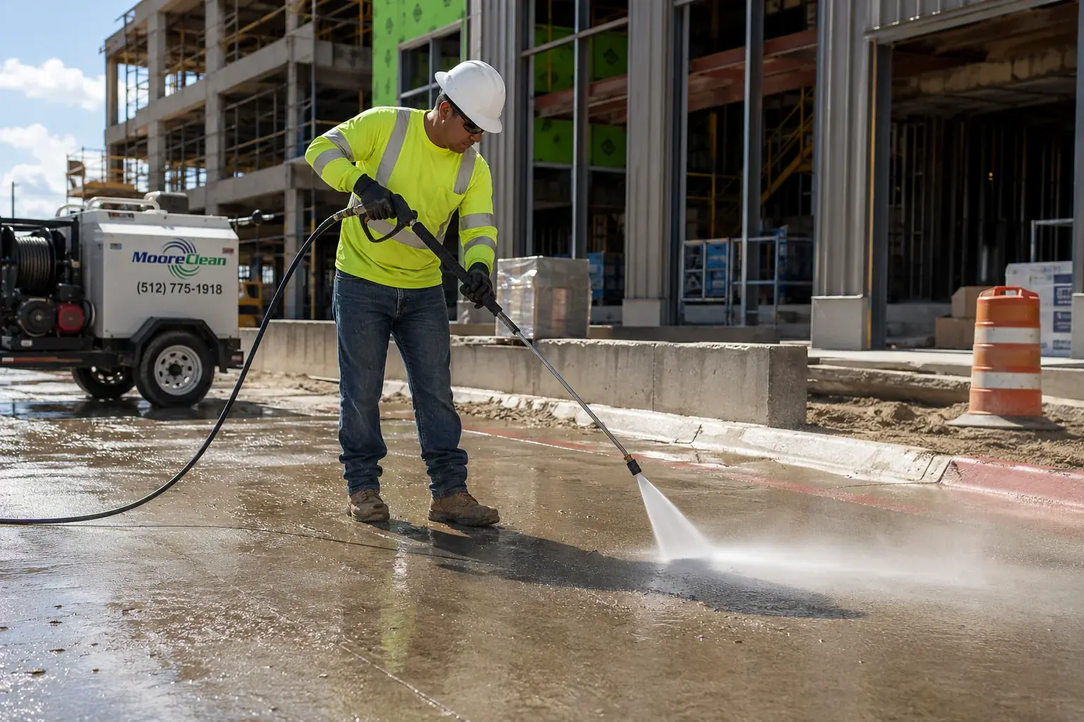 Commercial pressure washing at an Austin job site