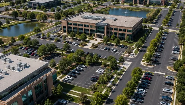 Aerial view of an office complex and its parking lots